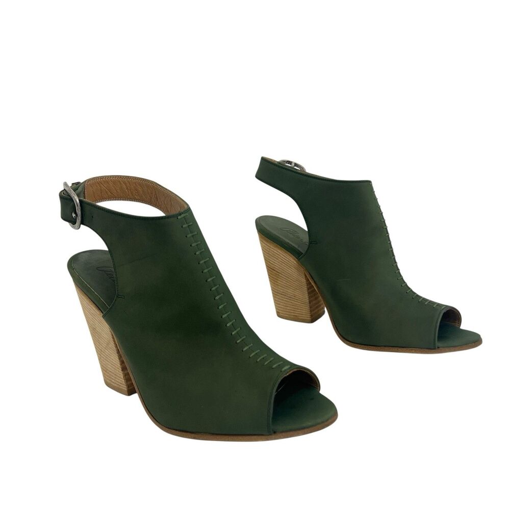 Peter Nappi Olive Green Leather Peep Toe Slingback Block Heel Sandals EU 39 US 8